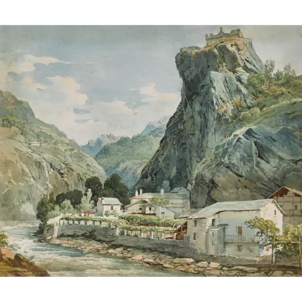 Flusslandschaft mit Dorf und Festung