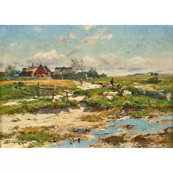 Weite Landschaft mit Dorf und Schafherde