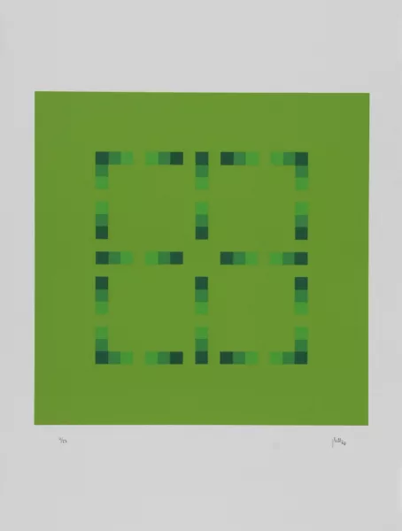 Jakob Bill — 4 Blätter: Ohne Titel, 1970; Ohne Titel, 1987; violett/rot, 1990; grün/orangegelb, 1990