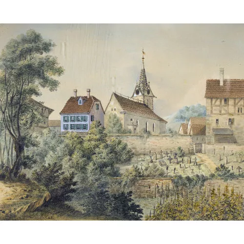 Jakob Eggli — Ansicht von Laufen mit Kirche und Häusergruppe.