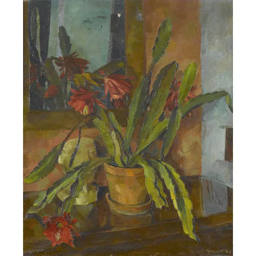 Jakob Gubler — Stillleben mit blühendem Kaktus.