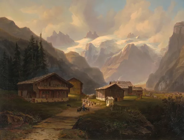 Jakob Joseph Zelger — Bauernhäuser bei Engelberg, mit Blick gegen die Spannörter, 1845