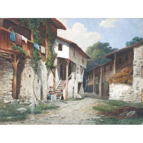 Jakob Joseph Zelger — Sommerliche Dorfpartie mit Mutter und Kind.
