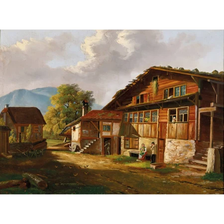 Nidwaldner Bauernhaus mit Nebengebäude und Staffage