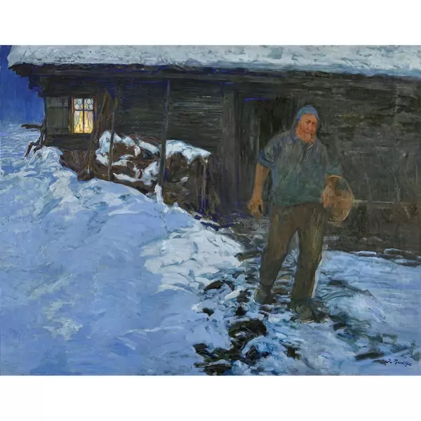Winterliche Mondnacht mit Senn vor der Hütte