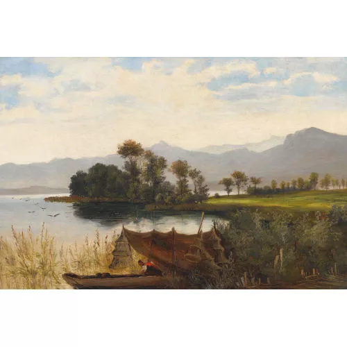 Jakob Schwegler — Uferpartie mit Fischerin.