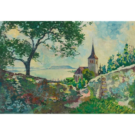 Die Kirche von Ligerz mit dem Bielersee