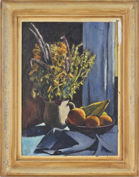 Janebé — Nature morte, bouquet et coupe de fruits