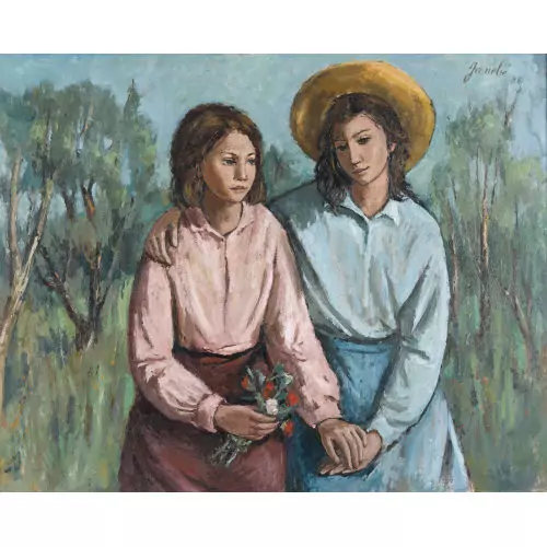 Porträt zweier Schwestern in sonniger Landschaft