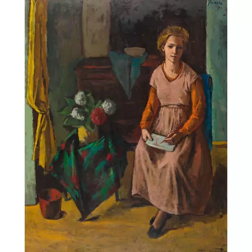 Interieur mit sitzender Frau und Blumenstrauss