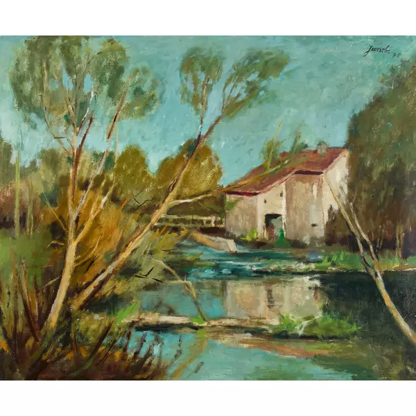 Flusslandschaft mit alter Wassermühle