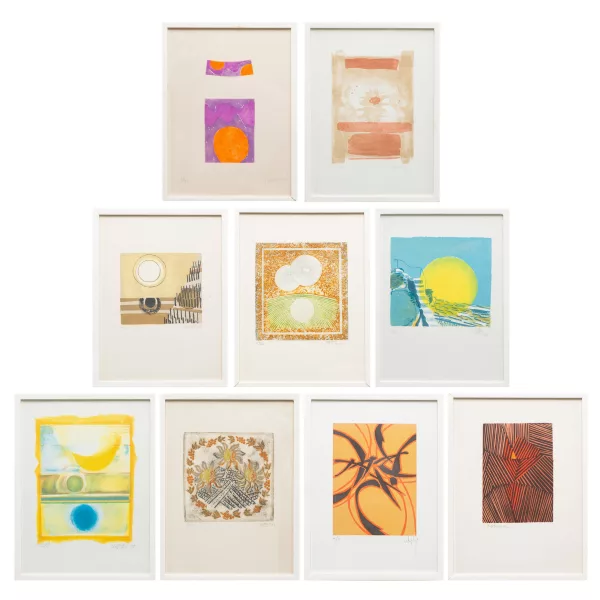 Shared lot — Suite de neuf lithographies abstraites par Jaques BERGER (1902-1977), J. URBAN (Xxe), Alfred MANESSIER (1911-1993), Jean LECOULTRE (1930), LOUTRE (XXe), Marcel FIORINI (1922-2008), TOUNILLE (1945), Robert WOGENSKY (1919-2019), Charles MEYSTRE (1925)