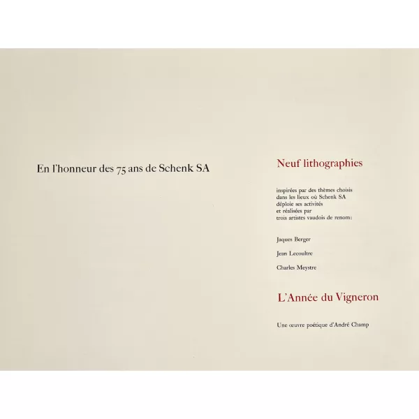 BERGER, JACQUES & LECOULTRE, JEAN — "En l'honneur des 75 ans de Schenk SA. Neuf lithographies".