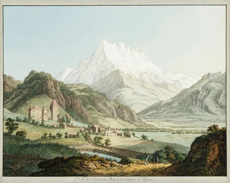 Vue de la Dent du Midi et du Château de Lanex prise près d'Aigle