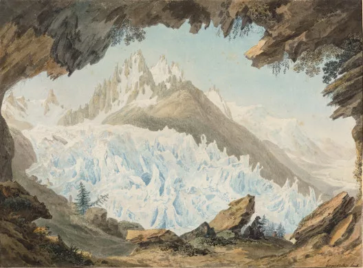 Jean-Antoine Linck — Artiste dessinant depuis la voûte nommée le Chapeau, le glacier des Bois et les aiguilles du Charmoz
