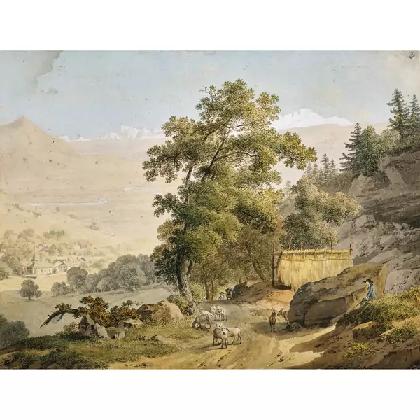 "Vue du village de Mounetiez du Mole et du Mont Blanc"
