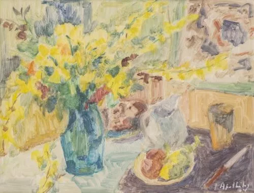 Jean Apothéloz — Jean APOTHELOZ (1900-1965) "Nature morte au déjeuner avec pot de fleurs"