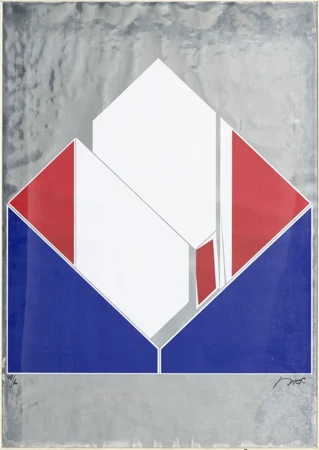 Composition en bleu et rouge sur fond argent