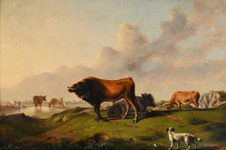 Paysage pastoral aux vaches et au chien