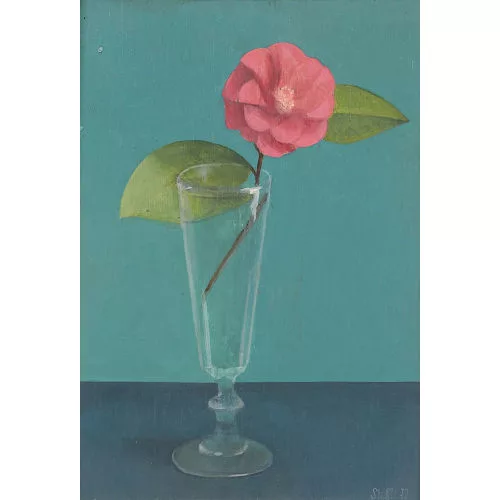 Jean-Claude Stehli — Stillleben mit roter Kamelie in einem Glas.