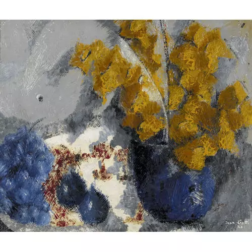 Nature morte aux raisins, pruneaux et branches automnales