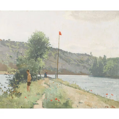 Jean Daniel Ihly — Sommerliche Uferpartie mit Badendem und Anglerin.