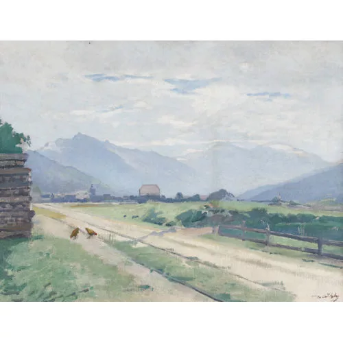 Jean Daniel Ihly — Ländliche Wegpartie mit Hühnern und Gebirgsansicht.