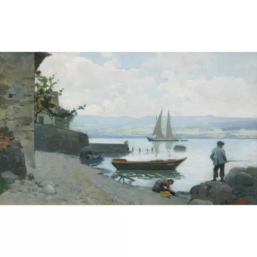 Jean Daniel Ihly — Uferpartie bei Nernier mit Wäscherin und Angler.
