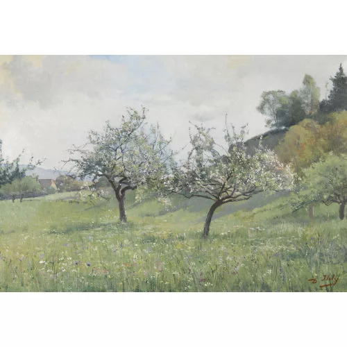 Jean Daniel Ihly — Frühlingswiese mit blühenden Bäumen.