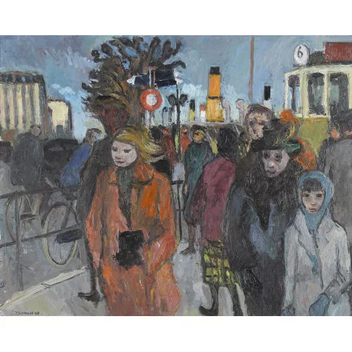 Jean Ducommun — Belebte Genfer Strassenpartie im Herbst.