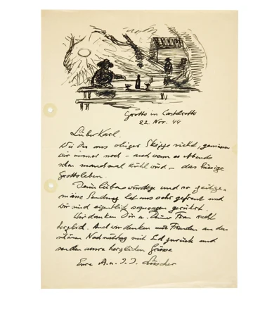 Jean-Jacques Lüscher — Handschriftlicher Brief mit Zeichnung Grotto in Castelrotto — Galerie Kornfeld
