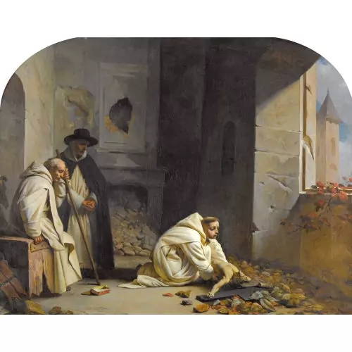 Mönche mit Kruzifix im verlassenen Kloster