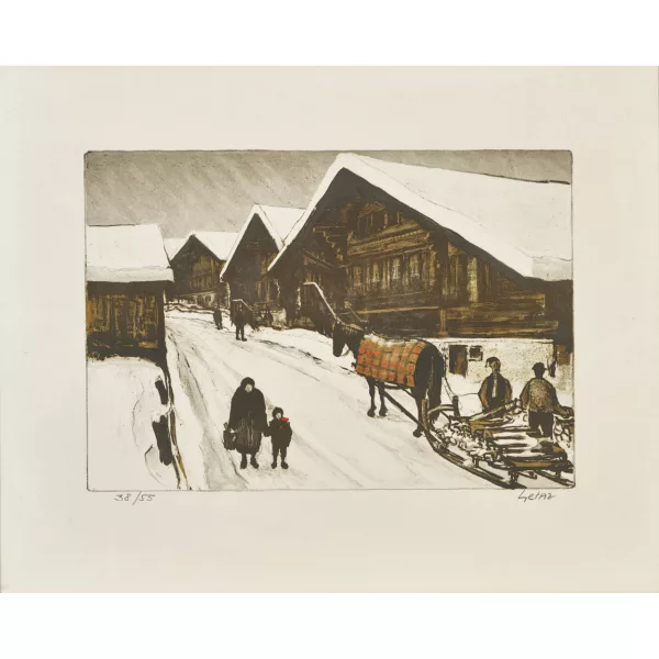 Jean-Louis Gétaz — Belebte winterliche Dorfstrasse.