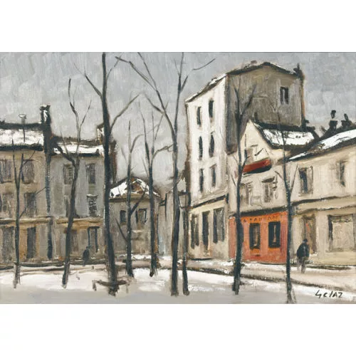 Jean-Louis Gétaz — Winteransicht eines Pariser Squares mit rotem Restaurant.