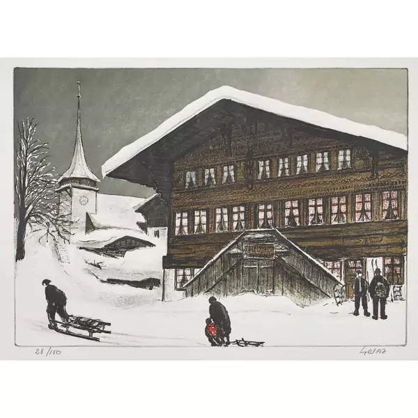 Dorfszene im Schnee mit Kirche
