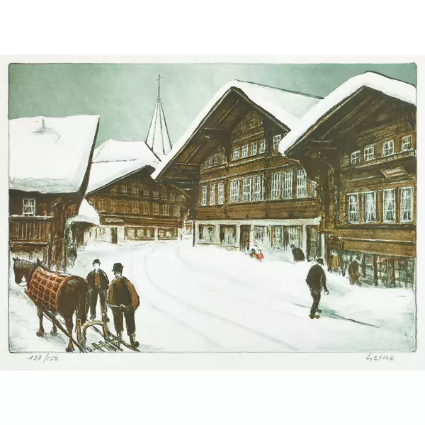 Belebte Dorfstrasse im winterlichen Saanen