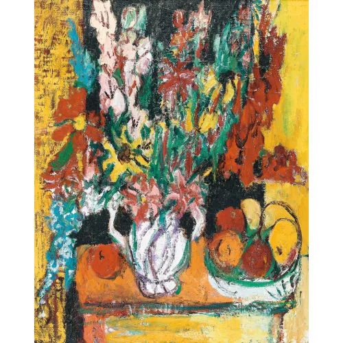 Jean-Louis Piguet — Blumenstillleben mit Früchtekorb.