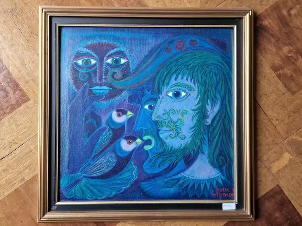 Jean MONOD (1922-1986), "Portrait aux oiseaux", pastel gras sur panneau — DognyAuction