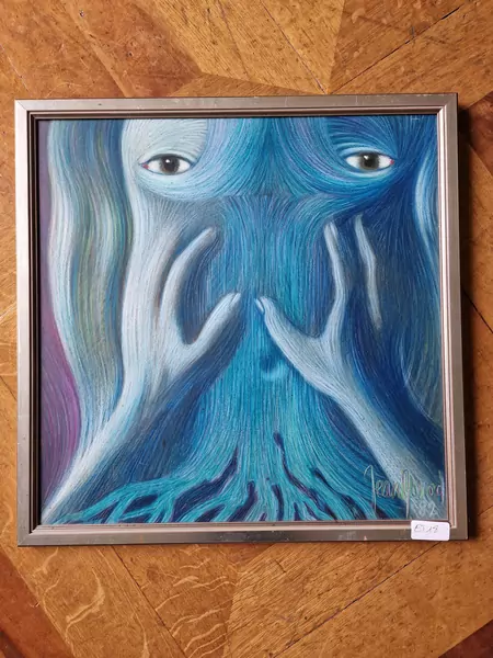 Jean MONOD (1922-1986), Composition surréaliste bleu, pastel gras sur panneau — DognyAuction