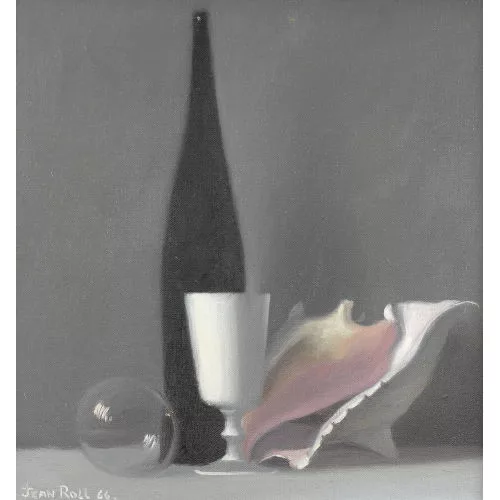 Jean Roll — Stillleben mit Weinflasche, Glas und Muschel.
