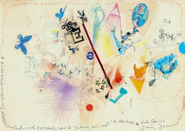 Jean Tinguely — Recto: Brief; verso: Skizze