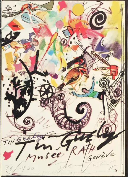 Jean Tinguely — d'après, Affiche pour le Musée Rath, 1983, sérigraphie en couleurs, signée et numérotée 78/100 au crayon, dédicace autographe au stylo bille vert, 92,5x62 cm (à vue)