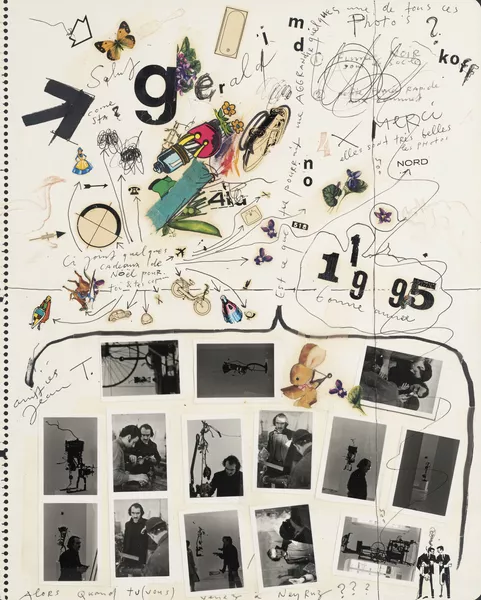 Jean Tinguely — Jean Tinguely (1925-1991), "Gérald Minkoff", 1995, technique mixte sur papier, collage photographique, scotch, encre, stylo, découpage, décalcomanie, signée, annotée et datée, 40,5x32,5 cm