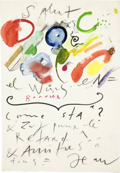 Jean Tinguely — Illustrierter Brief - Salut Bonnier el Wünschen come sta ?