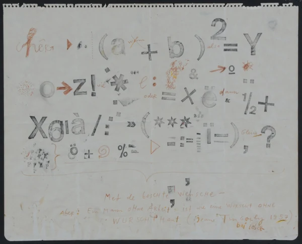 Jean Tinguely — Met de beschte Wensche - Aber: Ein Mann ohne Arbeit = ist wie eine Wurscht ohne Wurschthaut, 1957