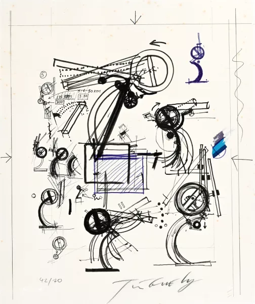 Jean Tinguely — 2 Blätter: Skizzenblatt zu EOS, 1975; EOS, 1975