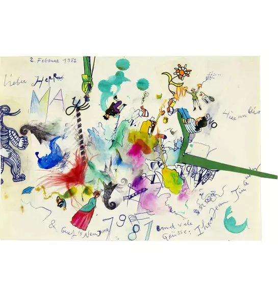 Jean Tinguely — Illustrierter Neujahrswunsch - Lieber Herr May — Galerie Kornfeld