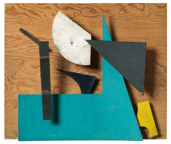 Jean Tinguely — Méta-mécanique – Sprit – Bleu ocre et vert – Relief polychrome — Galerie Kornfeld
