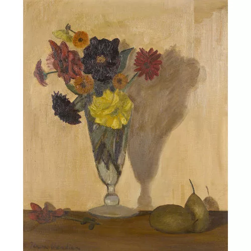 Jean Verdier — Stillleben mit Blumen in Glasvase und Birnen.
