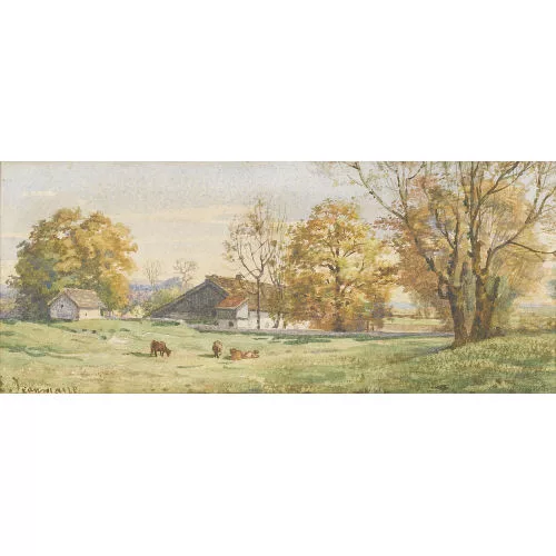 Jeanmaire Edouard — Sommerliches Bauernhaus mit weidenden Kühen.